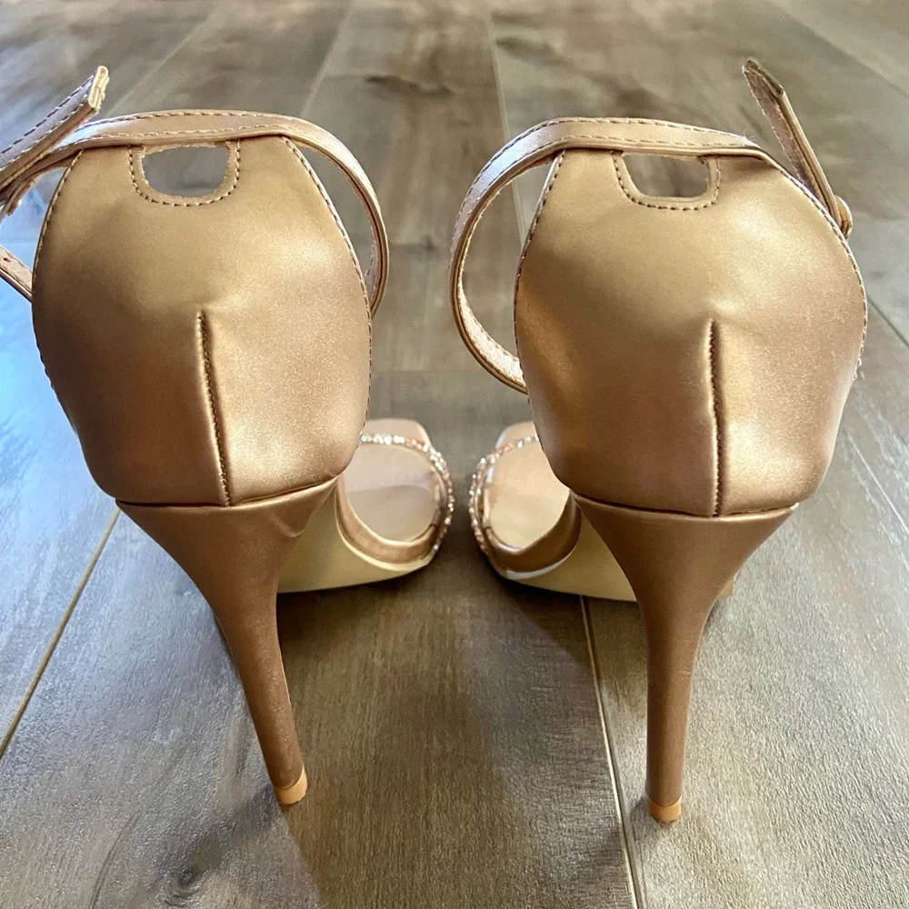 Open Toe Ankle Strap Rhinestone Band Dress Sandal Stiletto High Heel in Gold